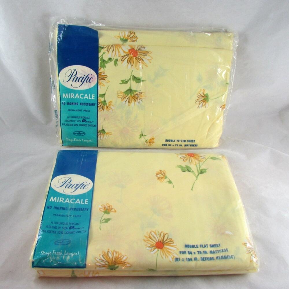 Pacific Miracale Double Full Bed Sheets Flat Fitted Yellow Floral New Sealed VTG